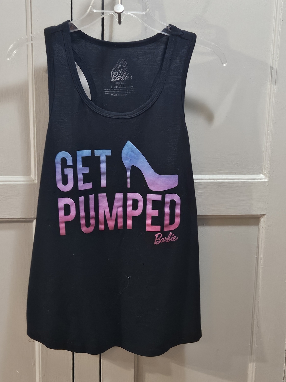 Barbie Black Tank Top w/ Pink and Blue Ombre 'Get Pumped' Graphic - Sz Large